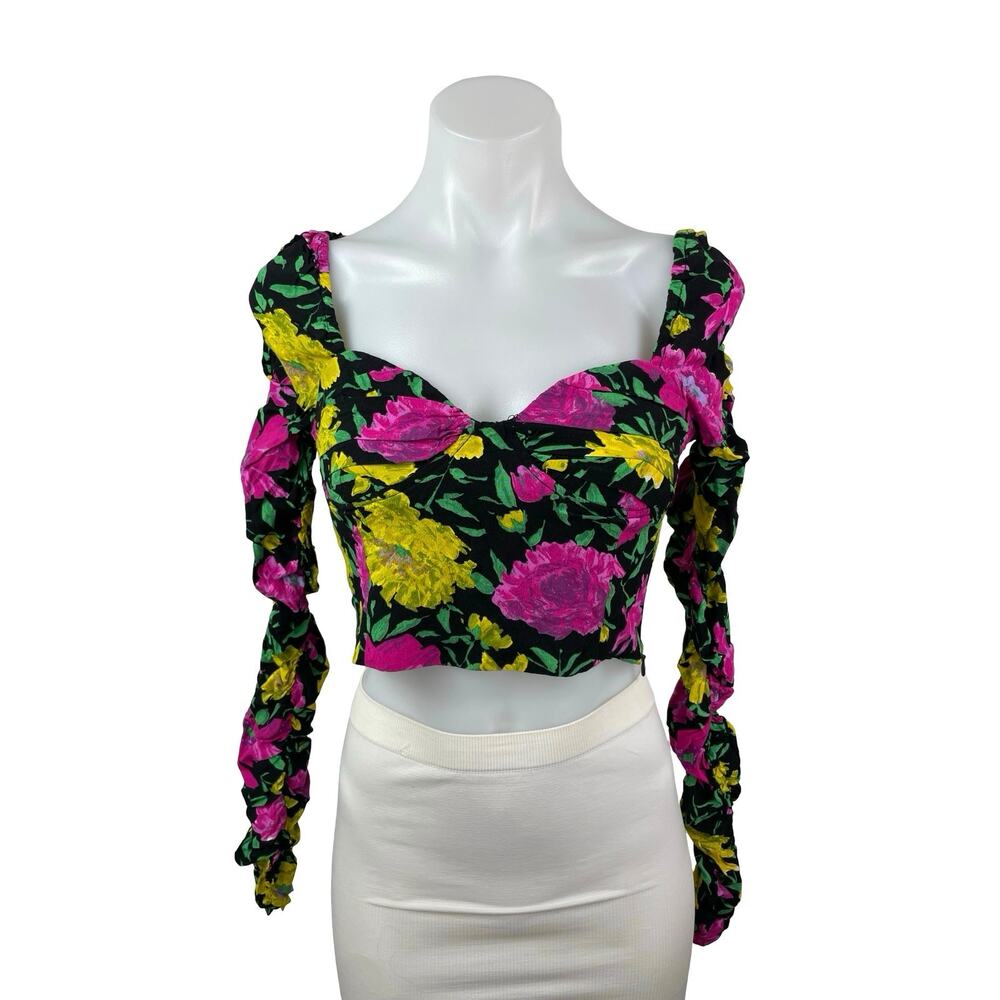 Zara Women's Multicolor Floral Ruched Long Sleeve Bustier Corset Crop Top Size M